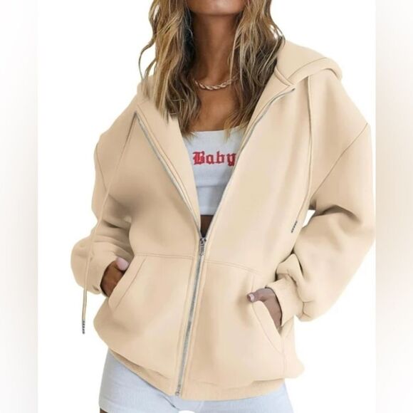 EFAN Women's Oversized Sweatshirts Casual Zip Up Hoodie with Pocket Cream Size L - Picture 1 of 10